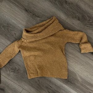 SO Camel Off-Shoulder Cowl Neck Sweater